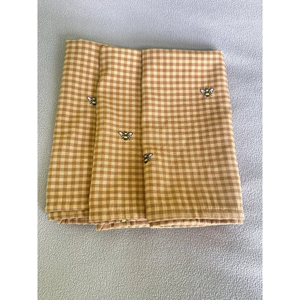 French Country Cloth Napkin Embroider Bee Micro Checked Bread Liner Square 3 Lot